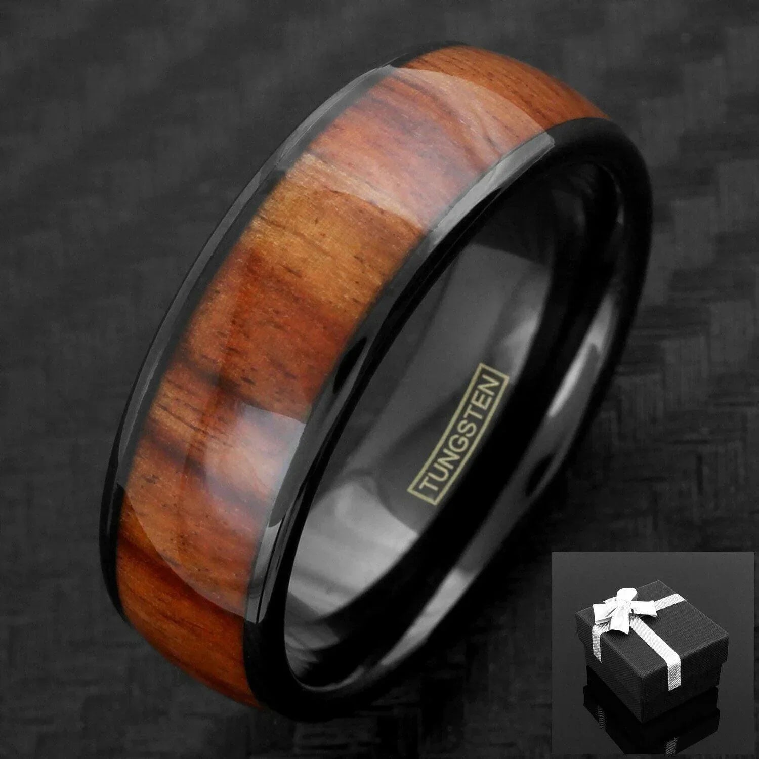 Men's Wedding Band Ring - Black Brown Wood Grain Dome - Wedding Rings for Men and Women - Jewelry Store by Erik Rayo