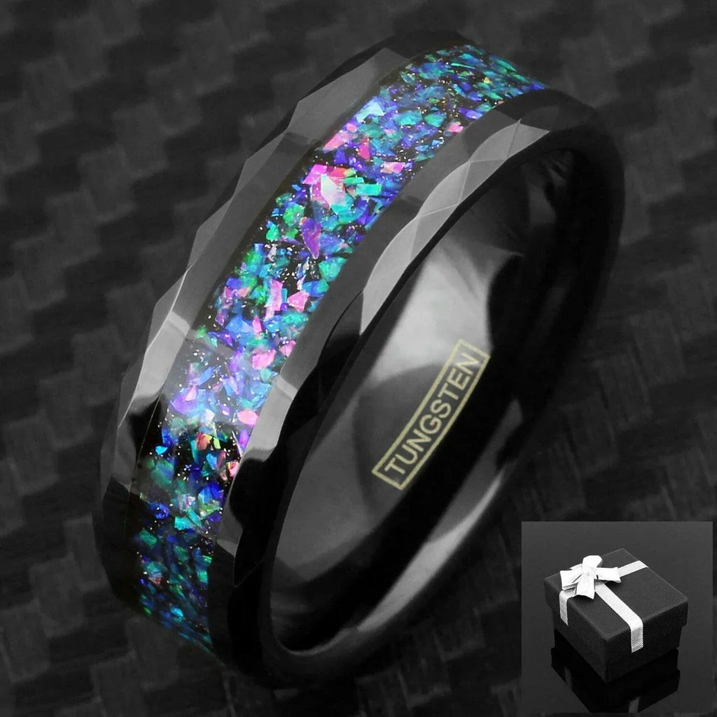 Men's Wedding Band Ring - Black Opal Stripe Celestial Galaxy Multi-Faceted Edge - Wedding Rings for Men and Women - Jewelry Store by Erik Rayo