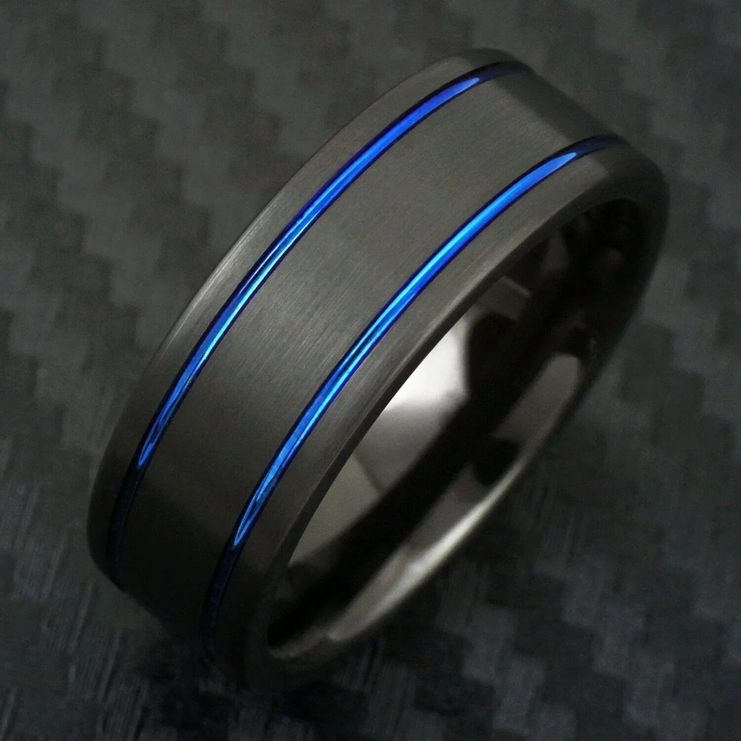 6mm Brushed Black Tungsten Carbide Wedding Band Ring for Men & Women – Dual Thin Blue Line Stripes Design - Jewelry Store by Erik Rayo