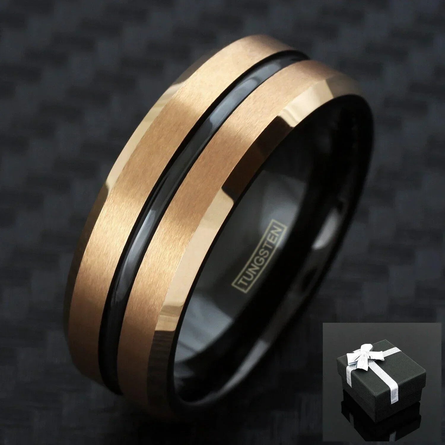 6mm Brushed Rose Gold Plated Tungsten Carbide Wedding Band Ring for Men & Women – Black Stripe Design - Jewelry Store by Erik Rayo