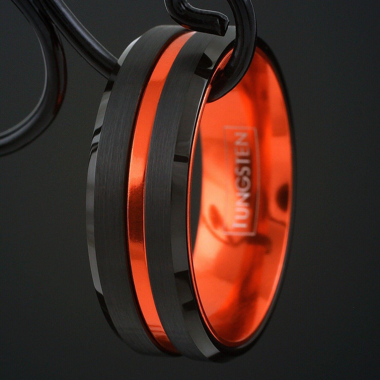 Mens Wedding Band Rings for Men | Wedding Rings for Women | Black Thin Orange Line Mens Rings - Jewelry Store by Erik Rayo
