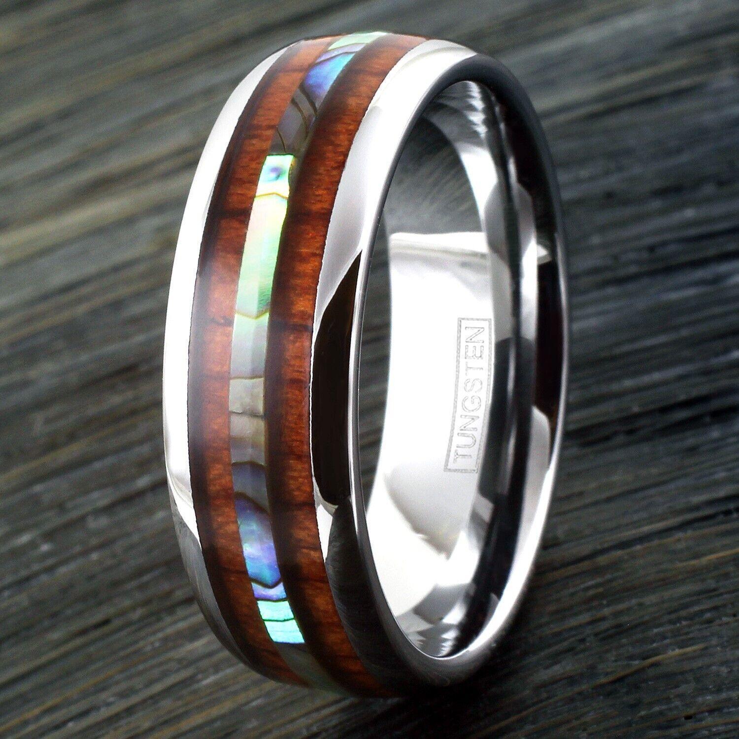 6mm Tungsten Carbide Wedding Band Ring for Men & Women – Hawaiian Koa Wood & Abalone Inlay Design - Jewelry Store by Erik Rayo