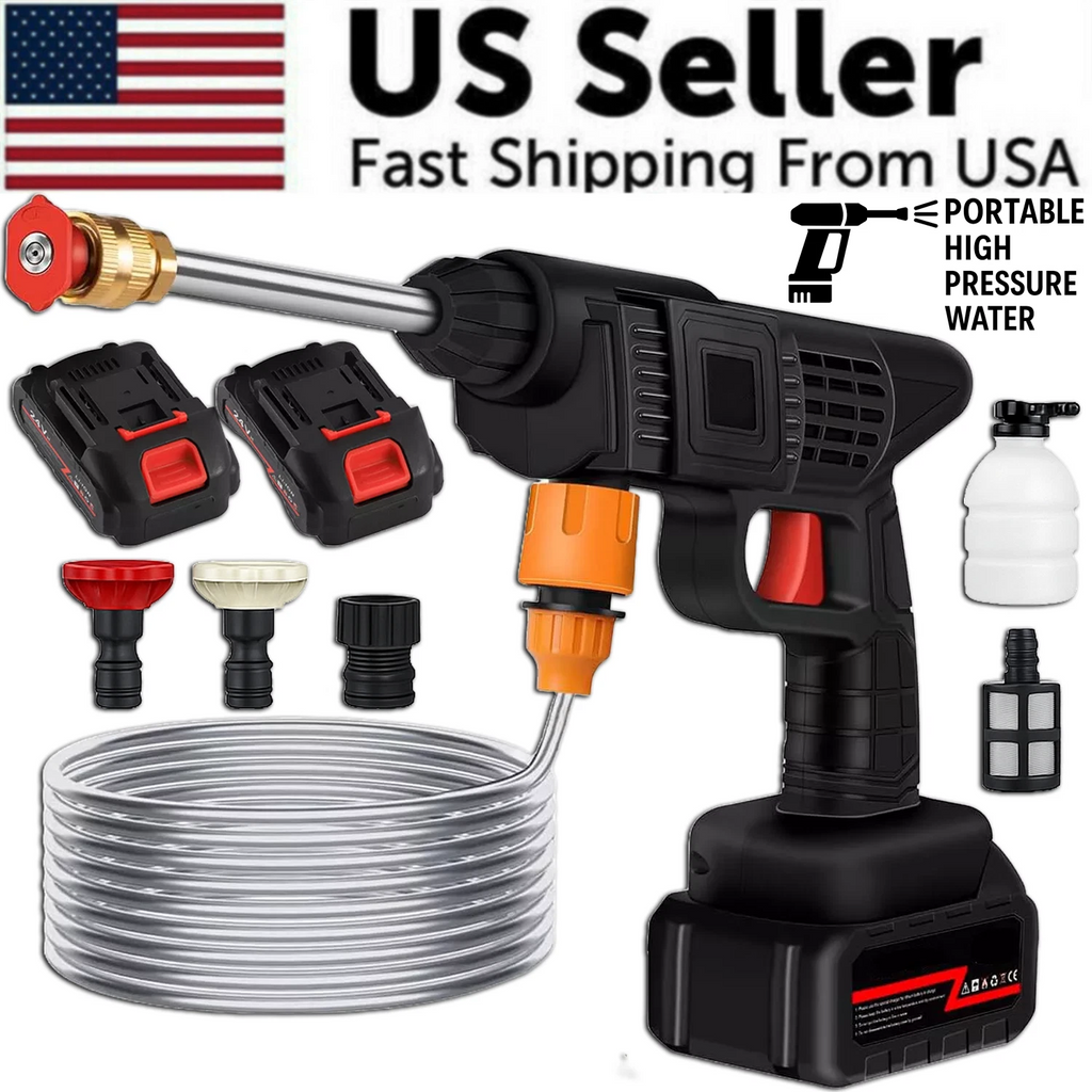 Portable high-pressure water gun with attachments and hose, labeled 'US Seller' and 'Fast Shipping From USA'.