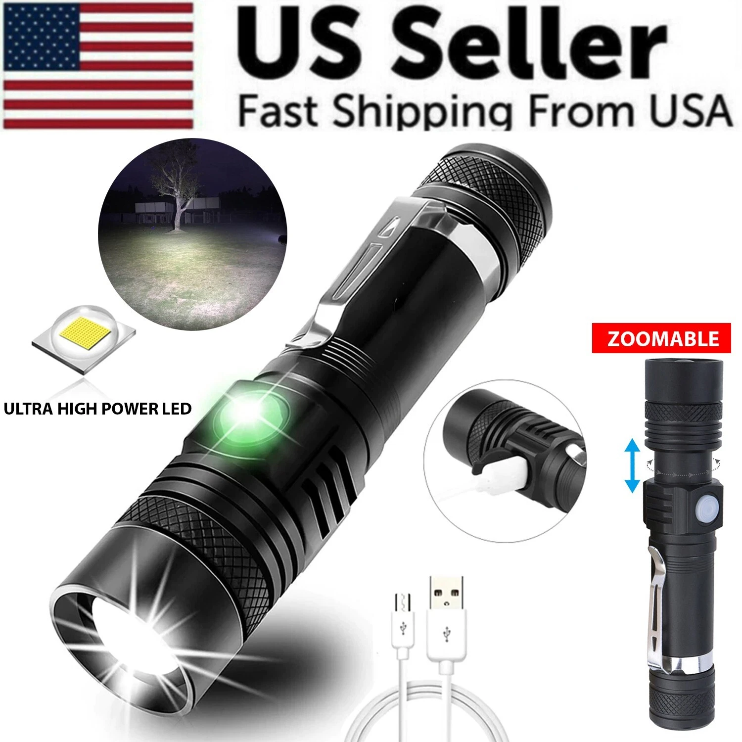 Black flashlight with zoomable feature, USB cable, and US seller text on a white background