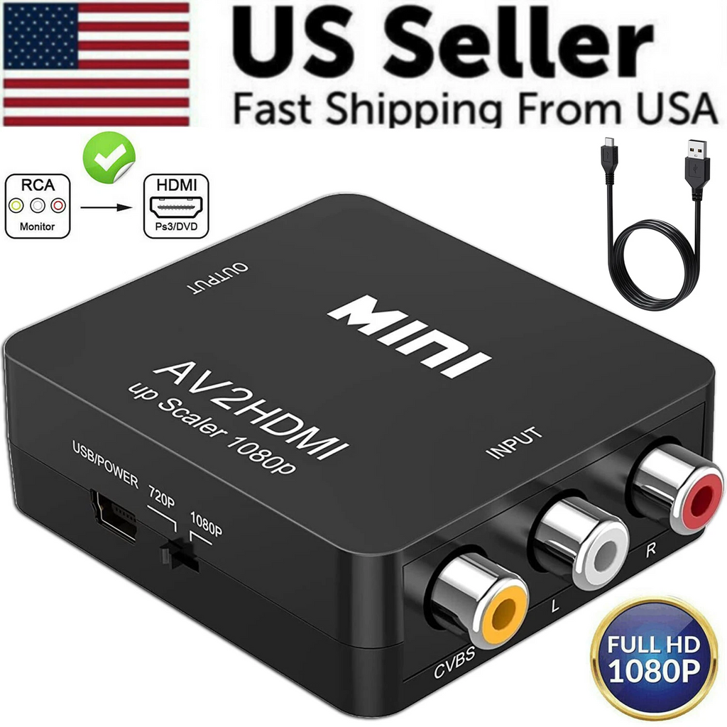 AV2HDMI converter with RCA inputs and HDMI output, labeled 'Mini', on a white background.