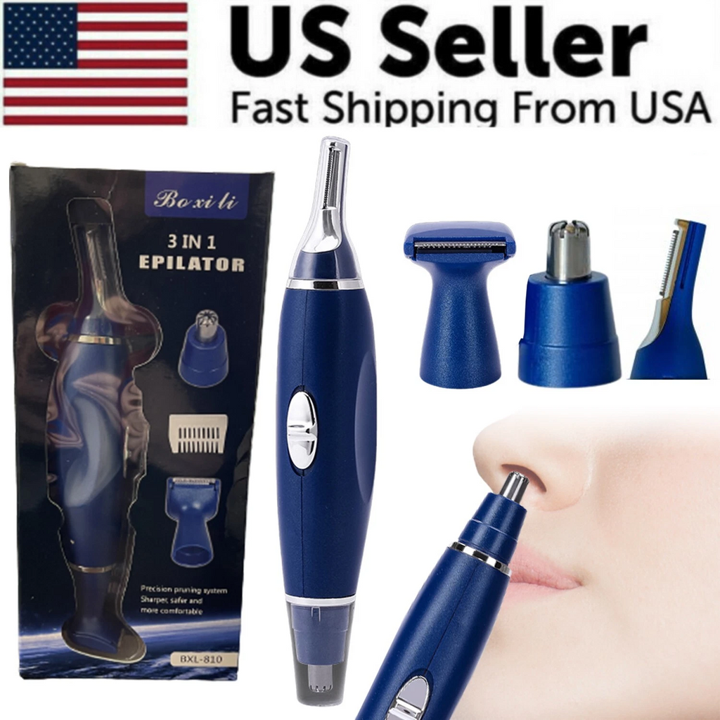 Blue 3-in-1 epilator with packaging and attachments, displayed with 'US Seller' text and American flag.