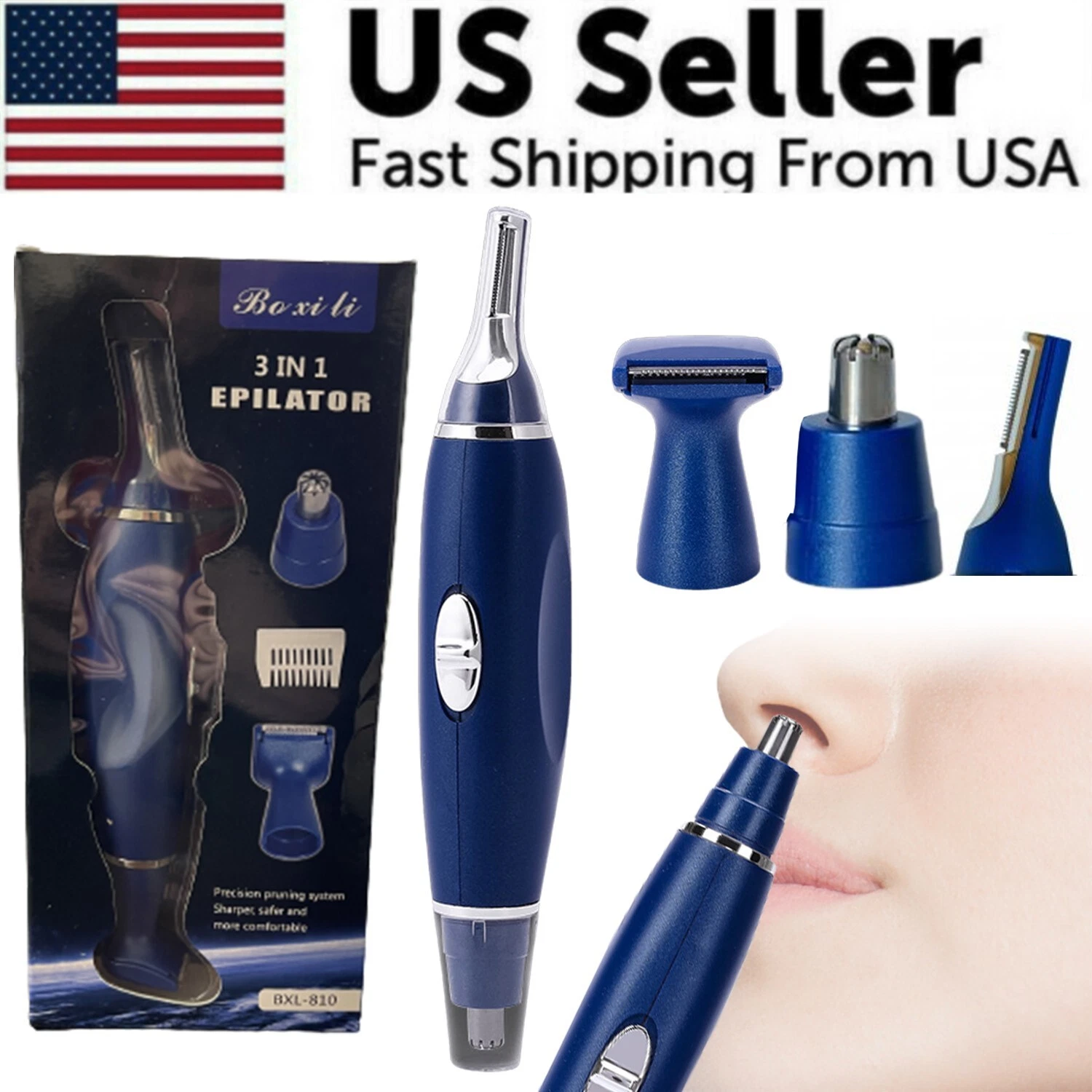 Blue 3-in-1 epilator with packaging and attachments, displayed with 'US Seller' text and American flag.