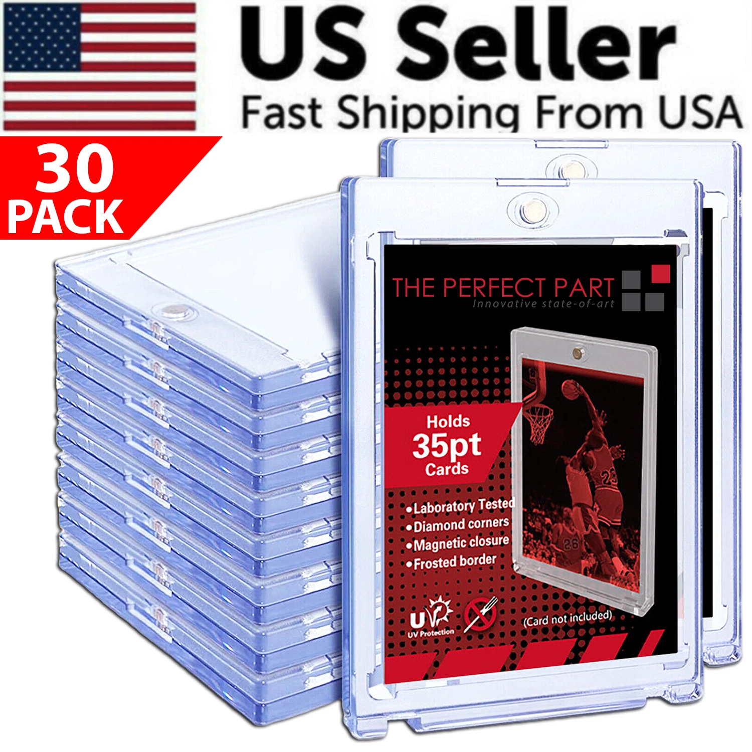 Stack of trading card protectors with packaging displaying product details, including a US seller banner and fast shipping text.