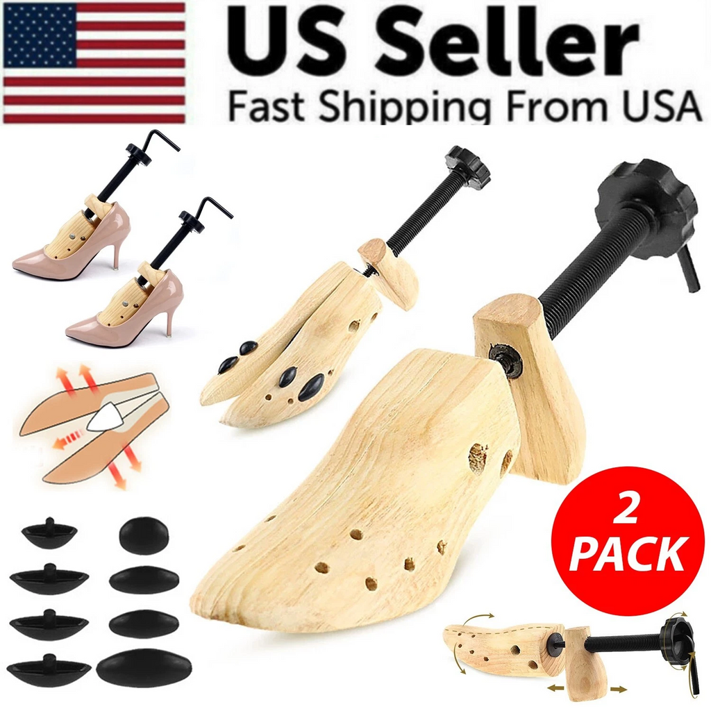 Wooden shoe trees with adjustable metal clips and a 2-pack label, set against a white background.