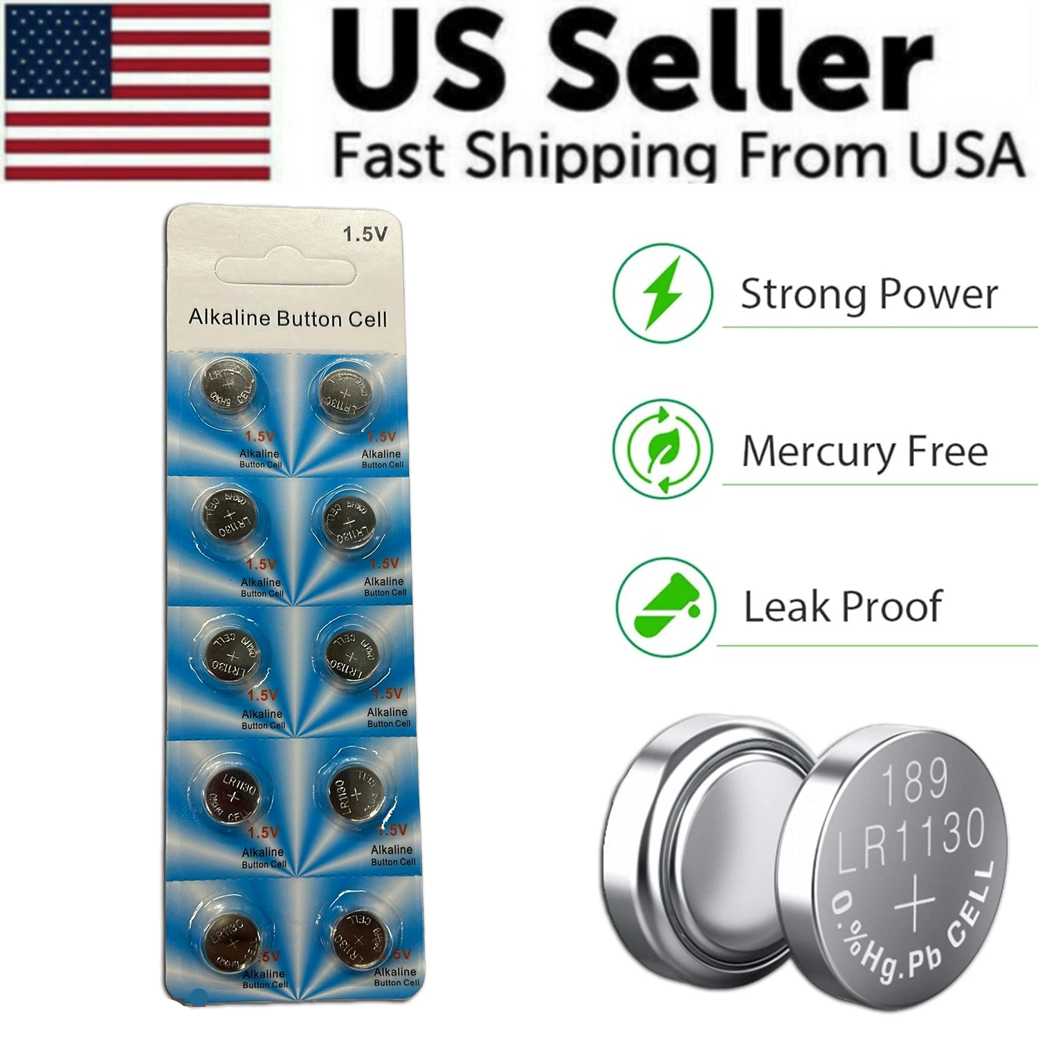 Pack of alkaline button cell batteries with packaging and product details on a white background.