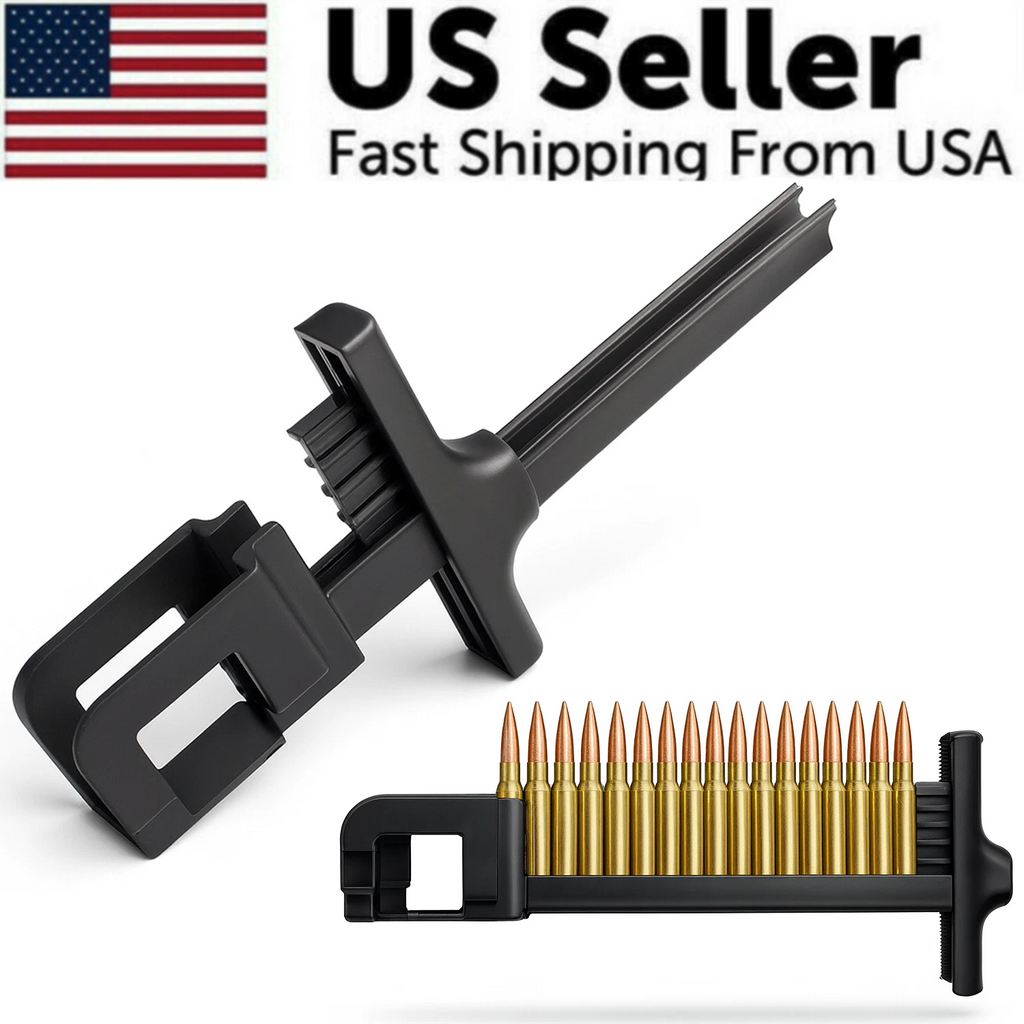 Black ammunition loading tool with gold bullets on a white background, featuring 'US Seller' text and an American flag.