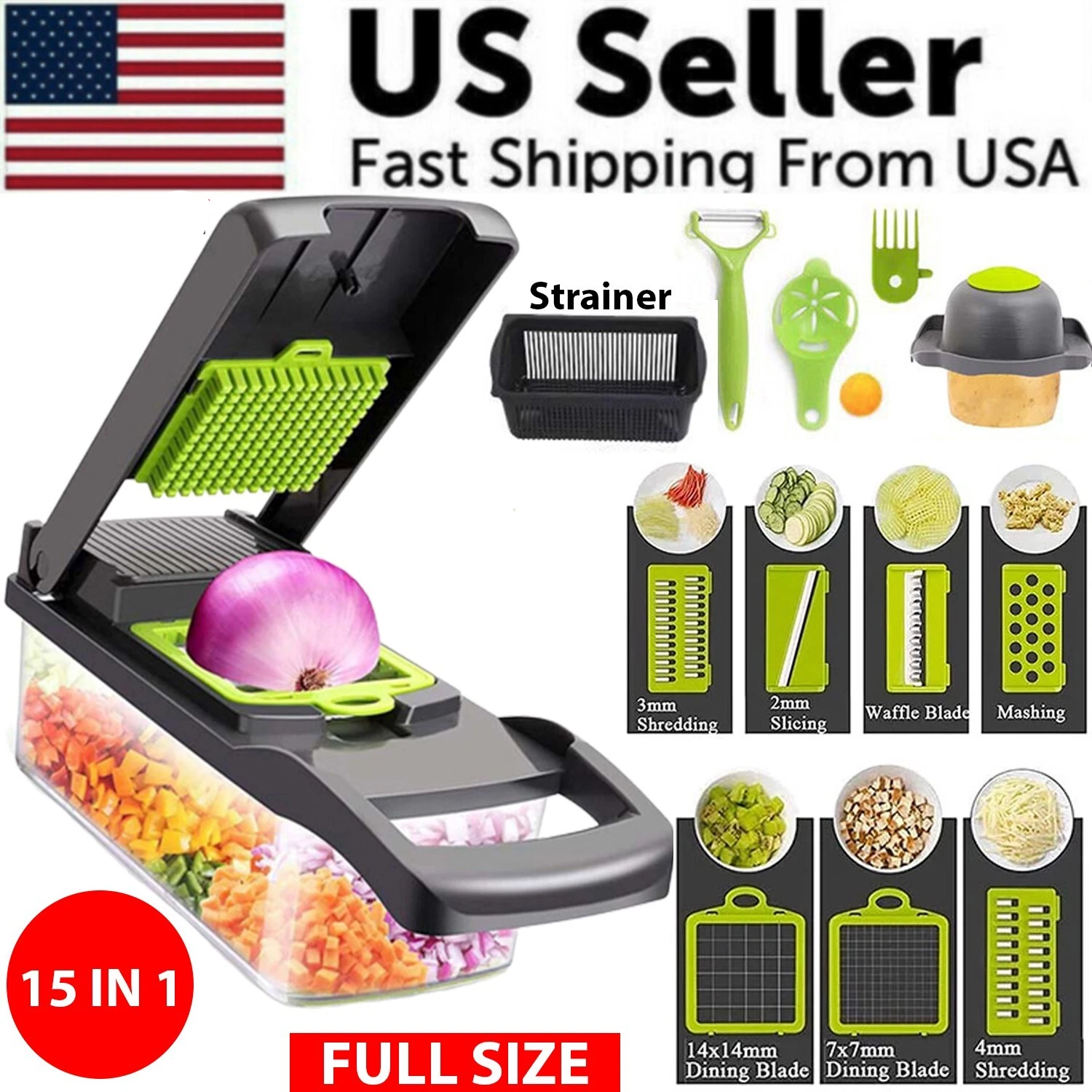 15-in-1 multi-functional kitchen tool with various attachments and food processing images on a white background.
