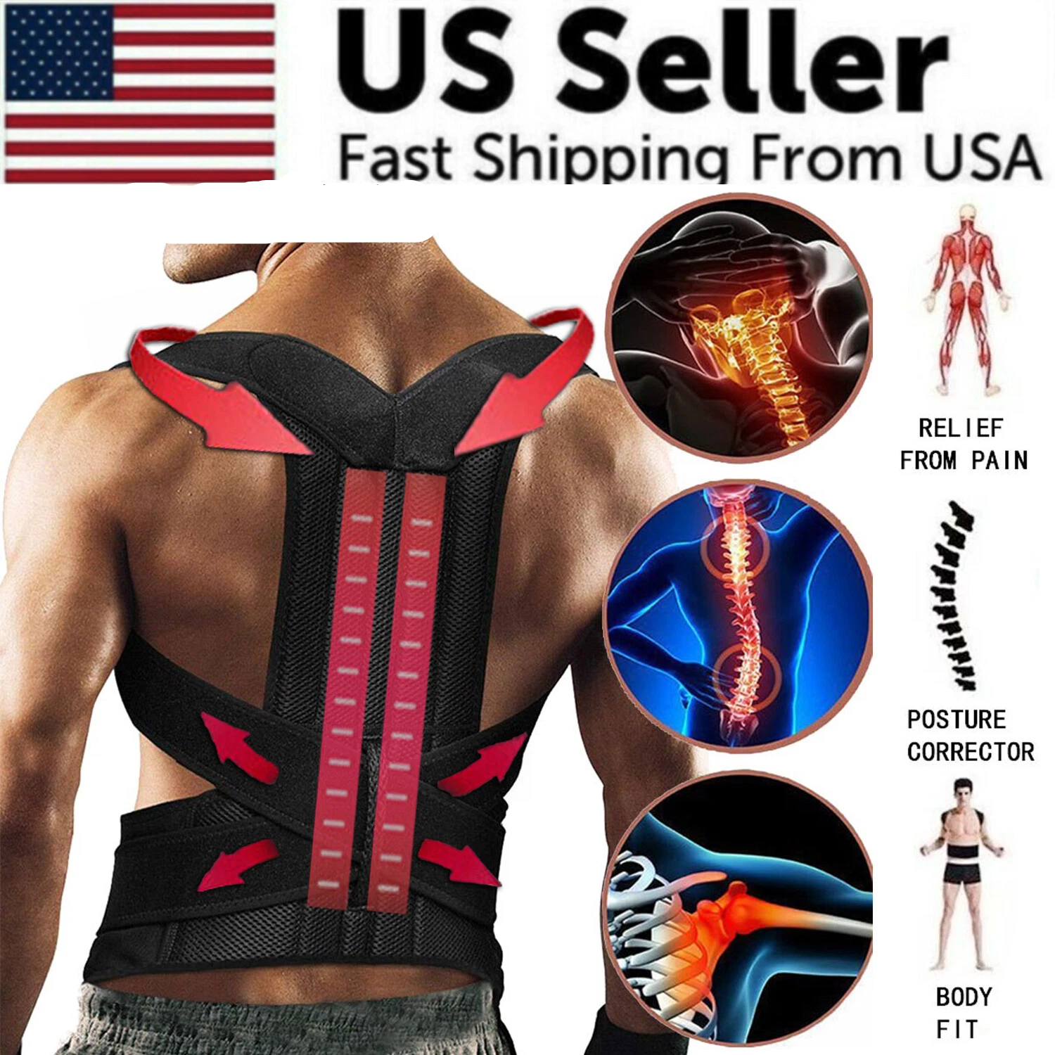 Back posture corrector with anatomical illustrations and text about pain relief and fast shipping from USA.
