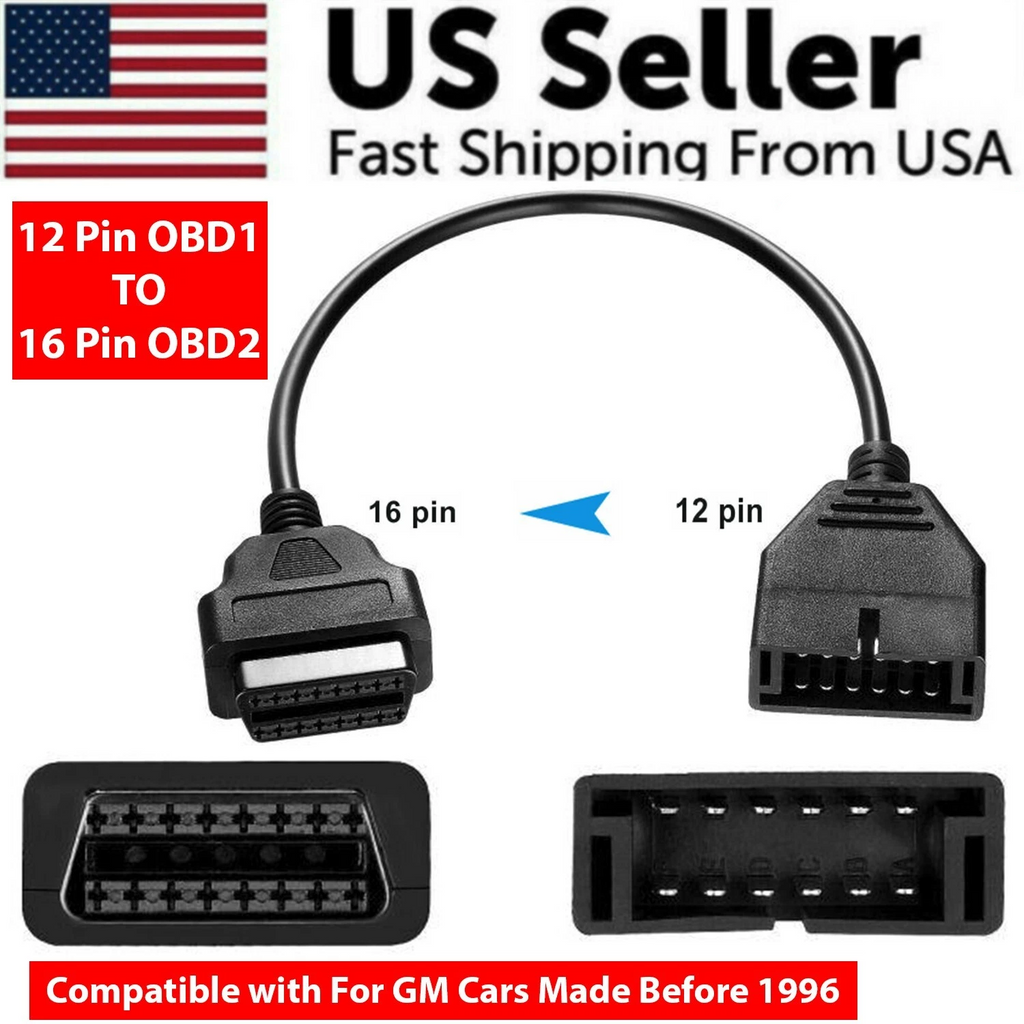 OBD2 adapter cable with 12 pin to 16 pin connectors, labeled 'US Seller' and 'Fast Shipping From USA'.