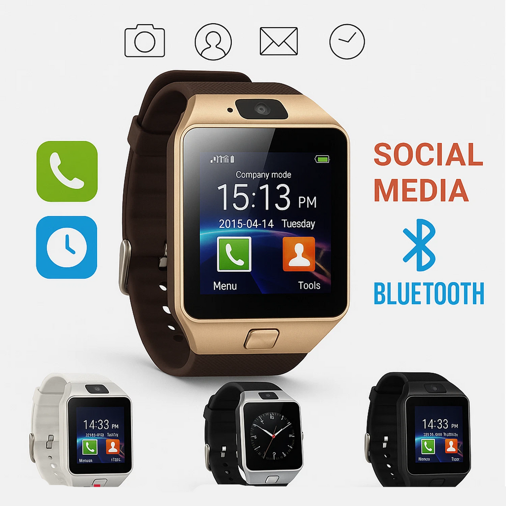Smartwatch with various features highlighted on a white background