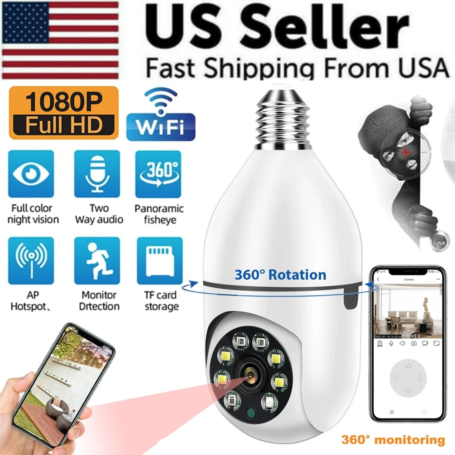 White security camera light bulb with features and smartphone app interface on a white background
