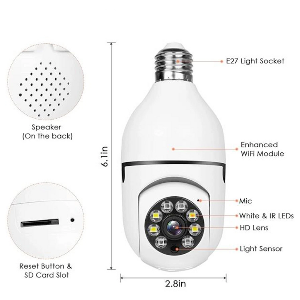 Diagram of a smart light bulb with labeled parts and dimensions on a white background.