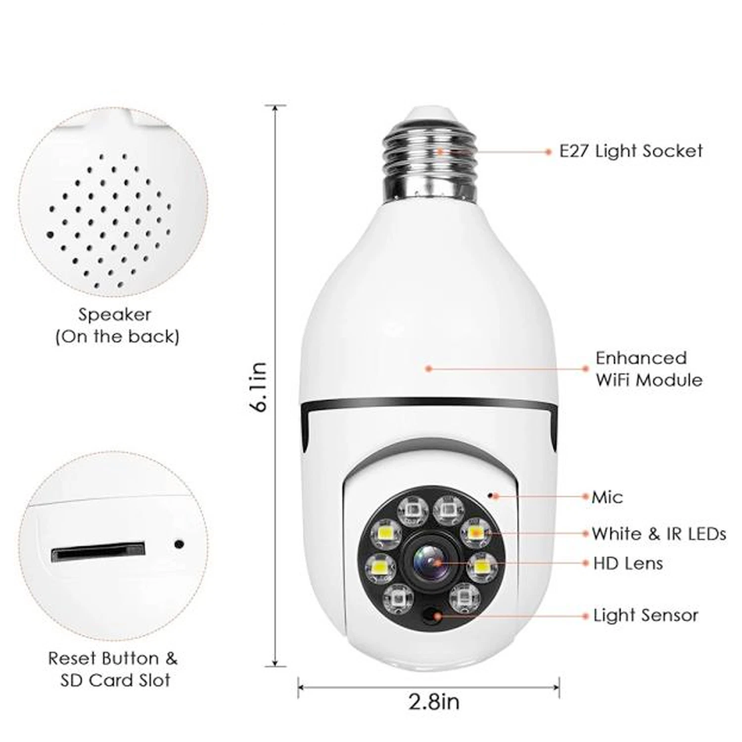 Diagram of a smart light bulb with labeled parts and dimensions on a white background.