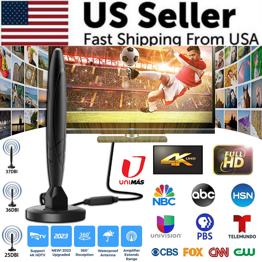 TV antenna with sports scene and media platform logos on a white background