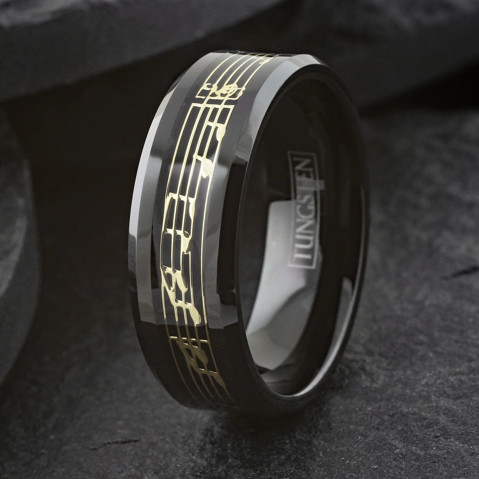 Black Tungsten Carbide Men's Music Note Inlay Wedding Band Ring