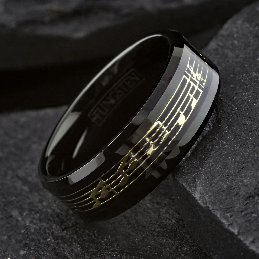 Black Tungsten Carbide Men's Music Note Inlay Wedding Band Ring