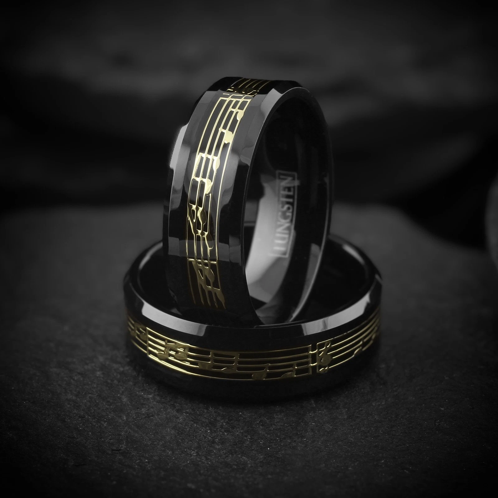 Black Tungsten Carbide Men's Music Note Inlay Wedding Band Ring