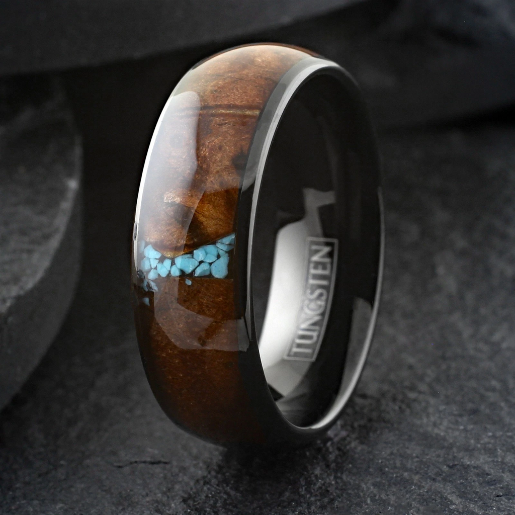 Black Tungsten Carbide Ring Men's Burl Wood & Turquoise Wedding Band 8mm