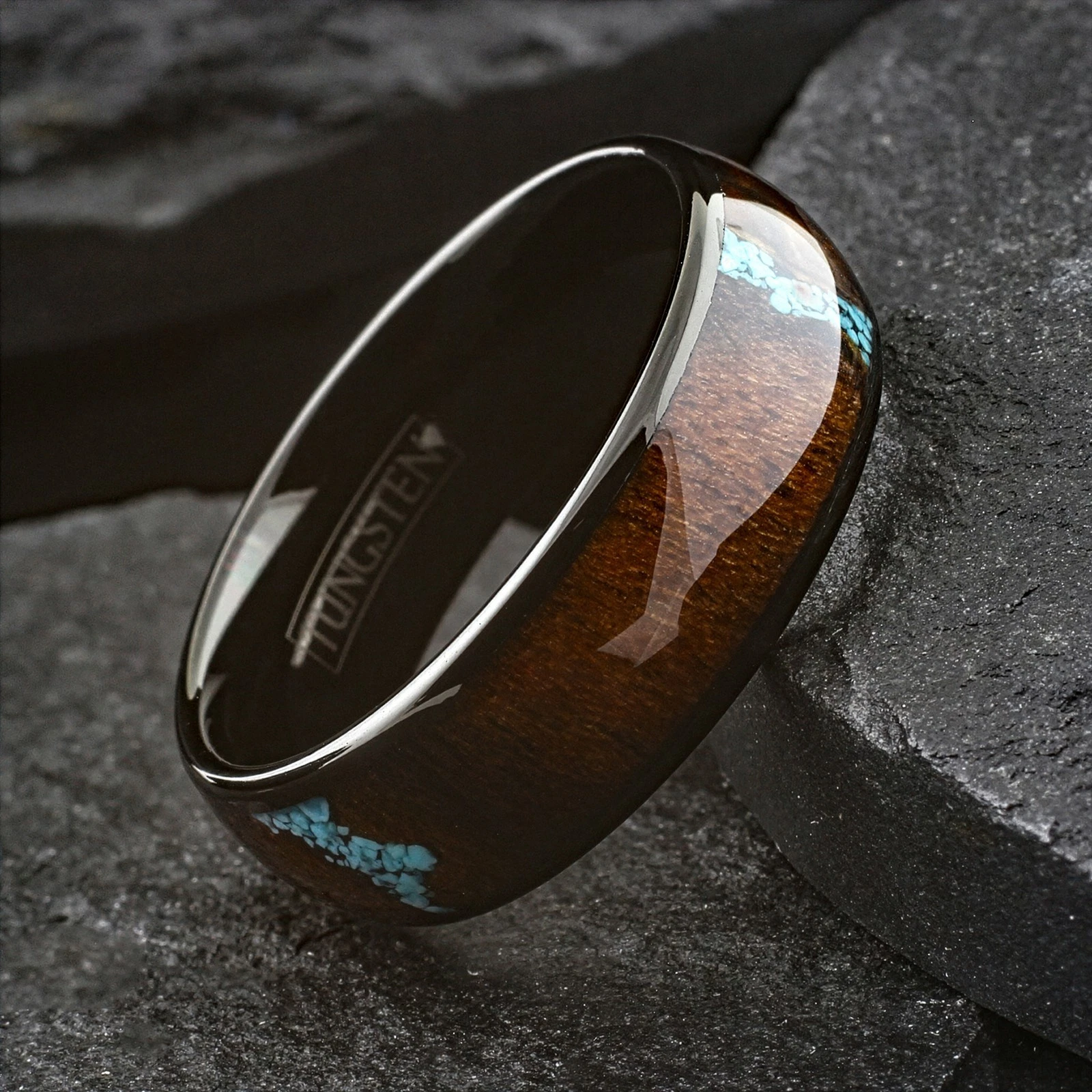 Black Tungsten Carbide Ring Men's Burl Wood & Turquoise Wedding Band 8mm
