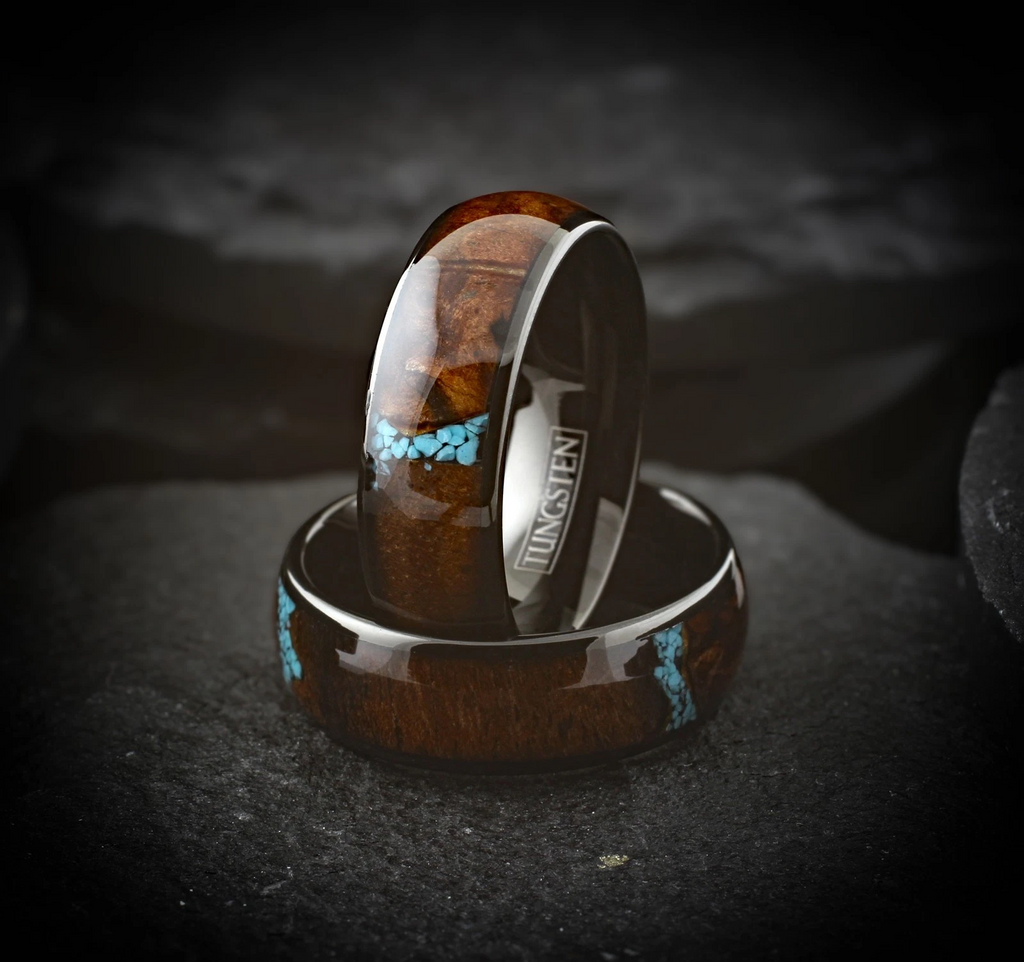 Black Tungsten Carbide Ring Men's Burl Wood & Turquoise Wedding Band 8mm