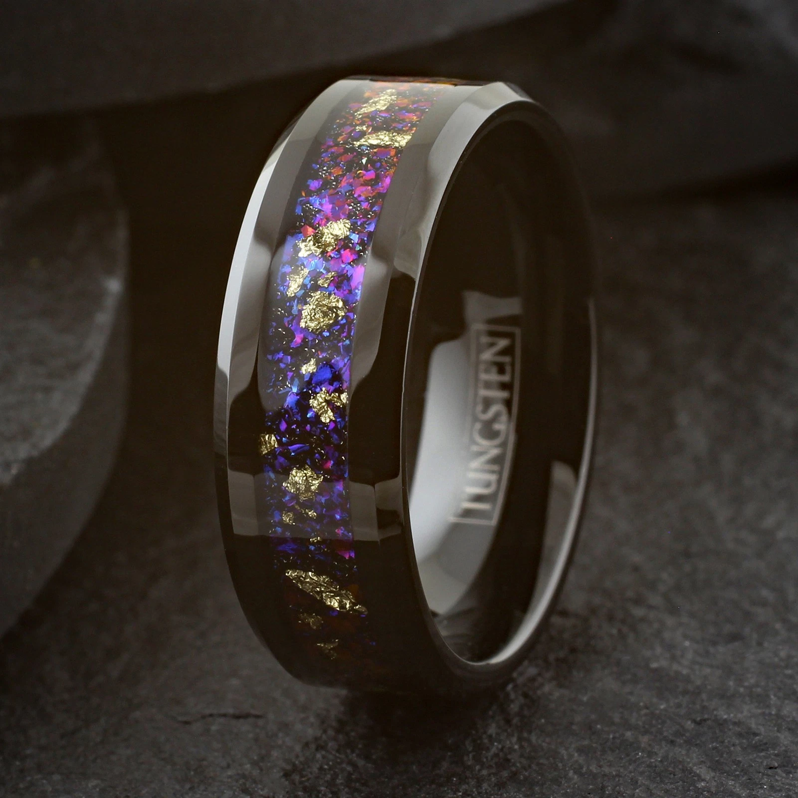 Black Tungsten Carbide Ring Men's Galaxy Opal & 24k Gold Leaf Wedding Band Ring 8mm