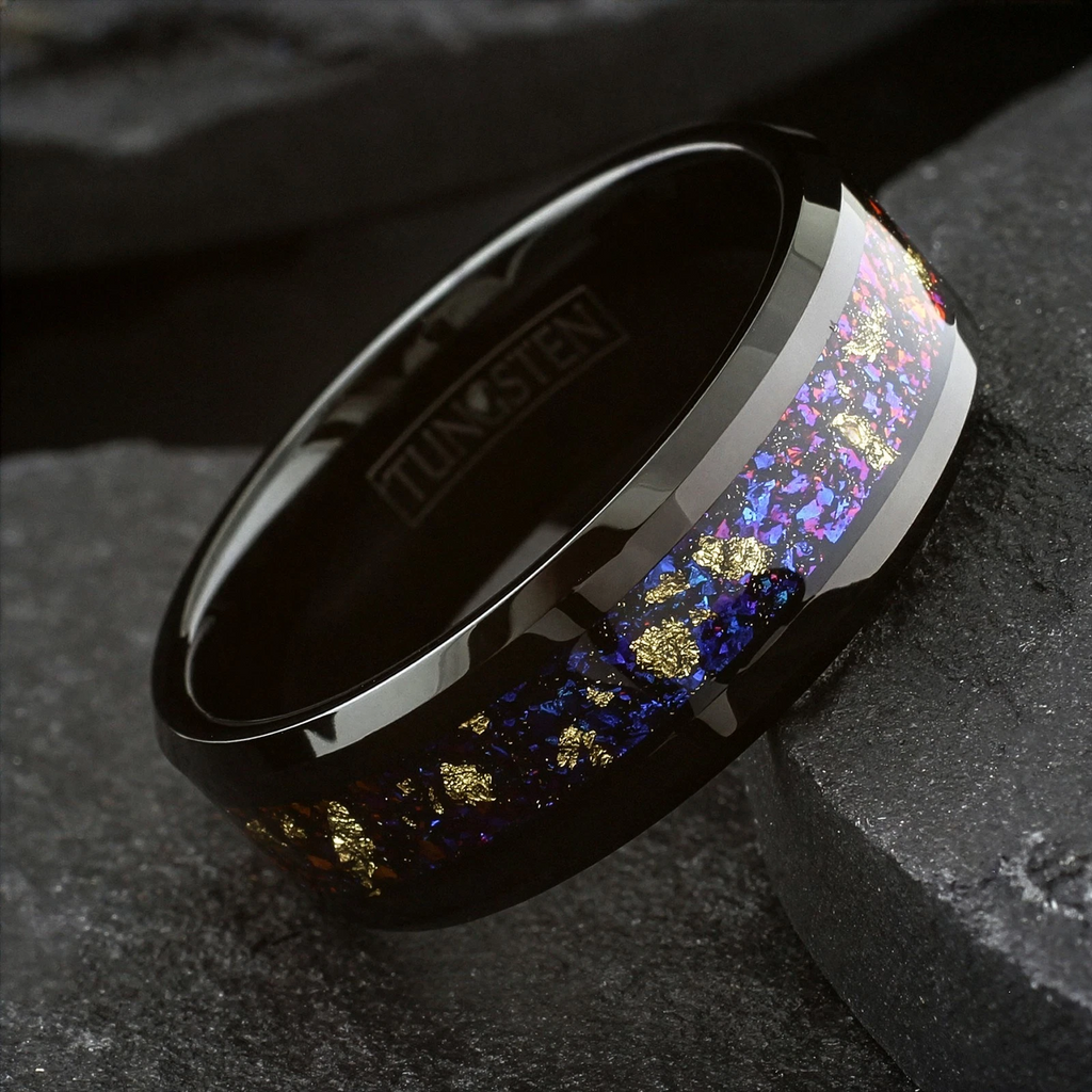 Black Tungsten Carbide Ring Men's Galaxy Opal & 24k Gold Leaf Wedding Band Ring 8mm