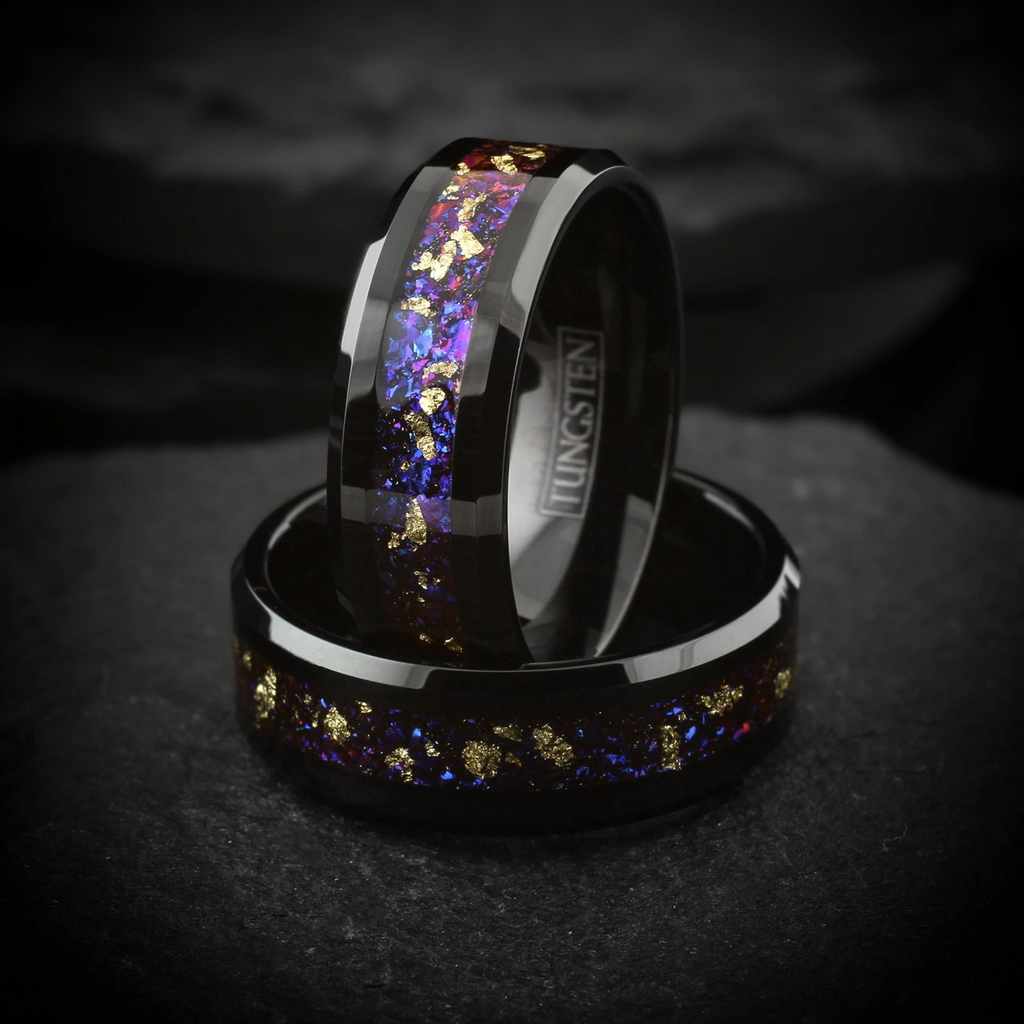 Black Tungsten Carbide Ring Men's Galaxy Opal & 24k Gold Leaf Wedding Band Ring 8mm