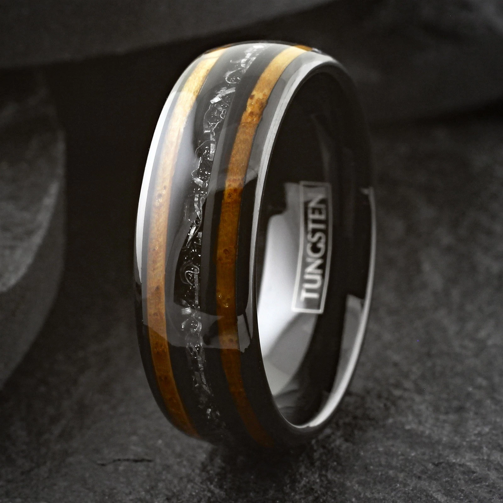 Black Tungsten Carbide Ring Men's Meteorite & Whiskey Barrel Wood Band 8mm