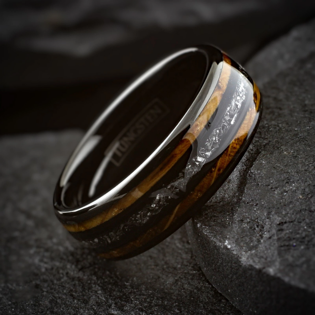 Black Tungsten Carbide Ring Men's Meteorite & Whiskey Barrel Wood Band 8mm