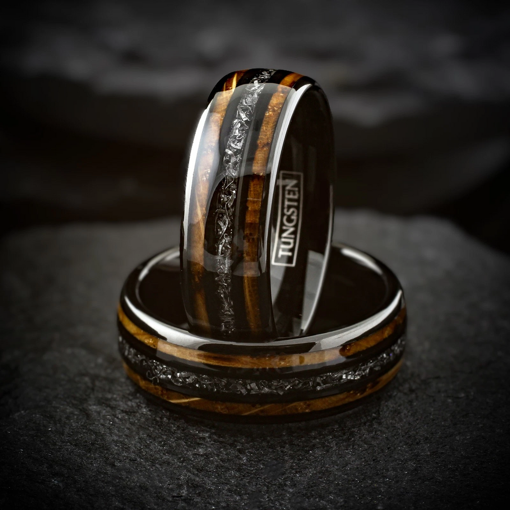 Black Tungsten Carbide Ring Men's Meteorite & Whiskey Barrel Wood Band 8mm