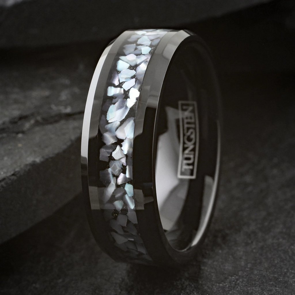 Black Tungsten Carbide Ring Chipped Mother of Pearl Band 8mm