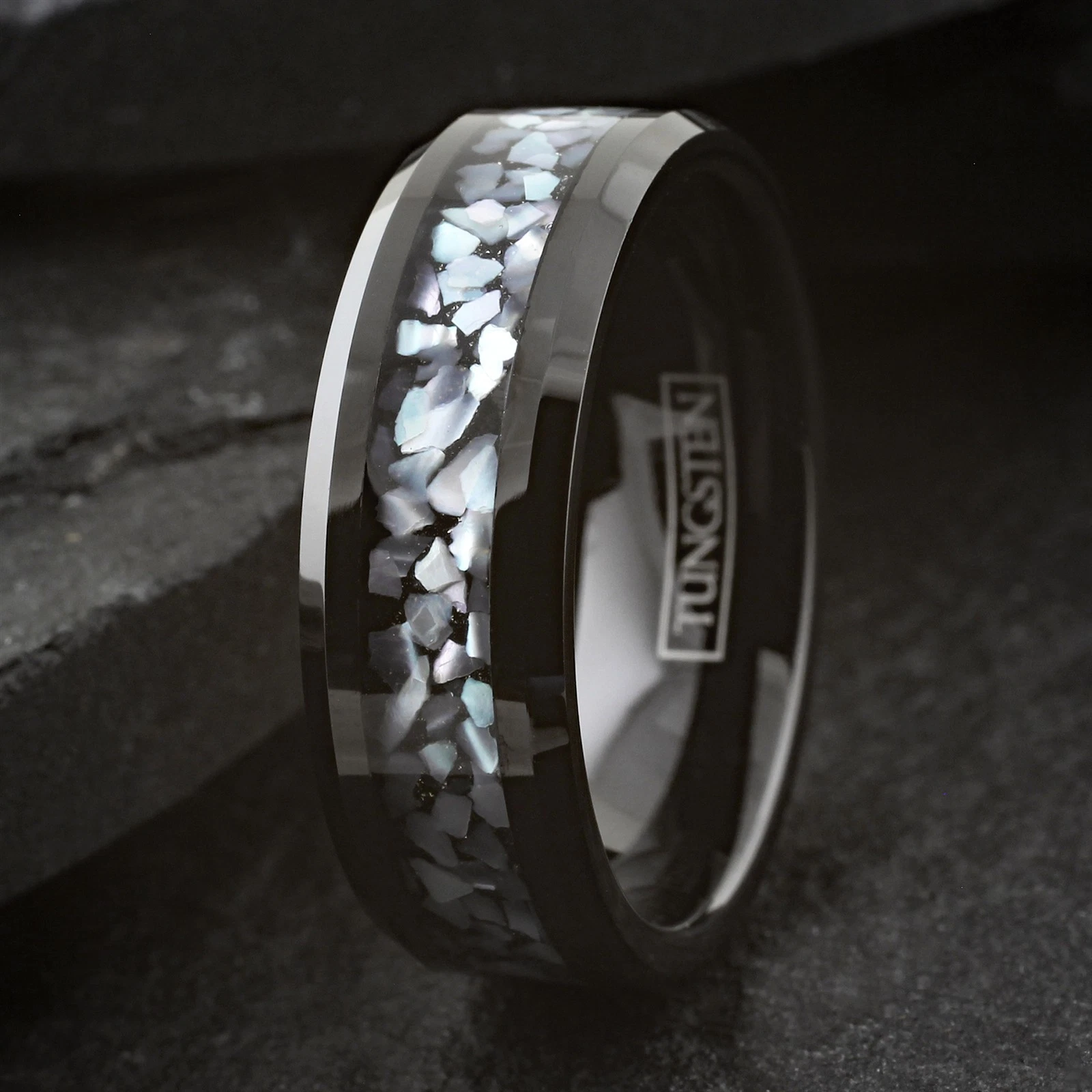 Black Tungsten Carbide Ring Chipped Mother of Pearl Band 8mm