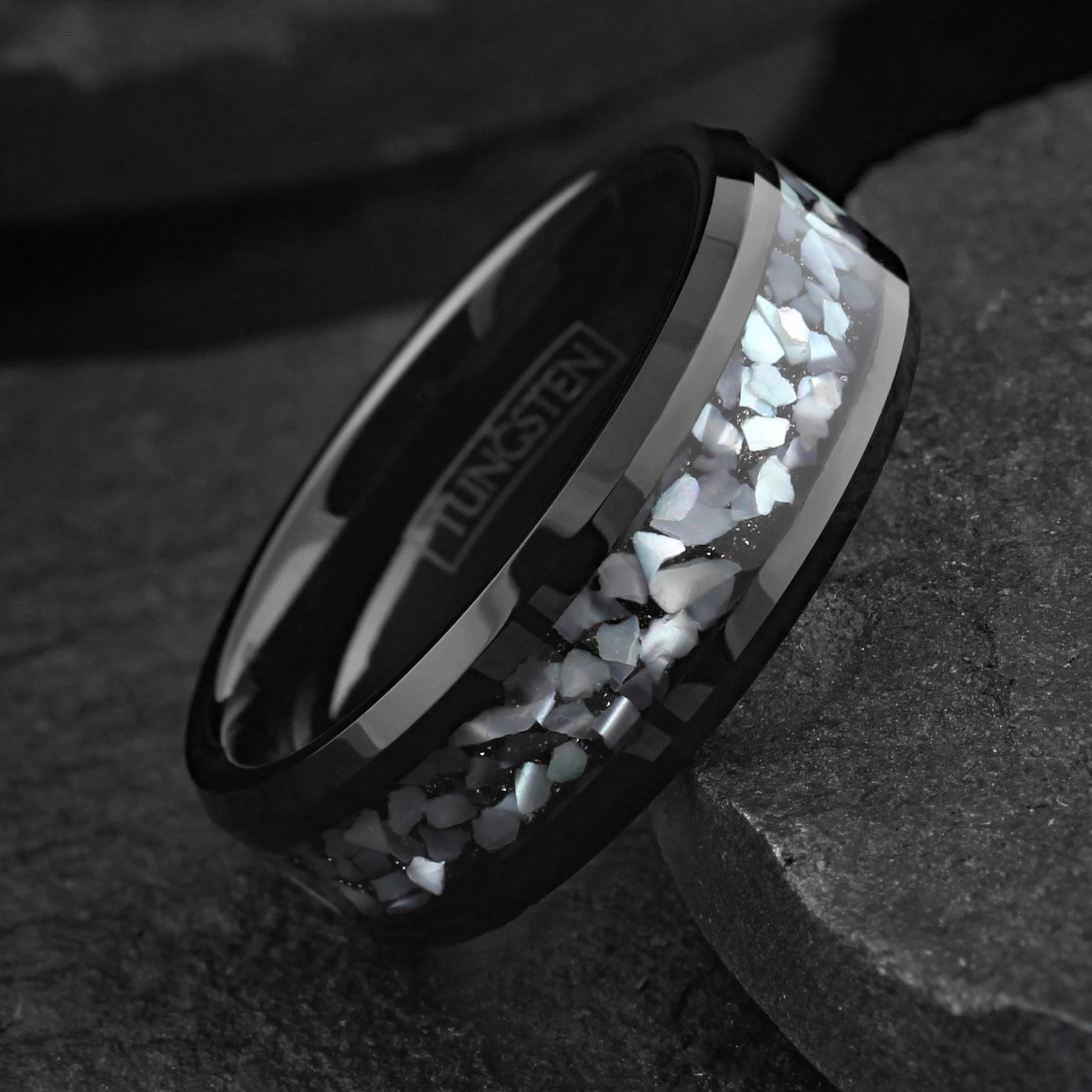 Black Tungsten Carbide Ring Chipped Mother of Pearl Band 8mm