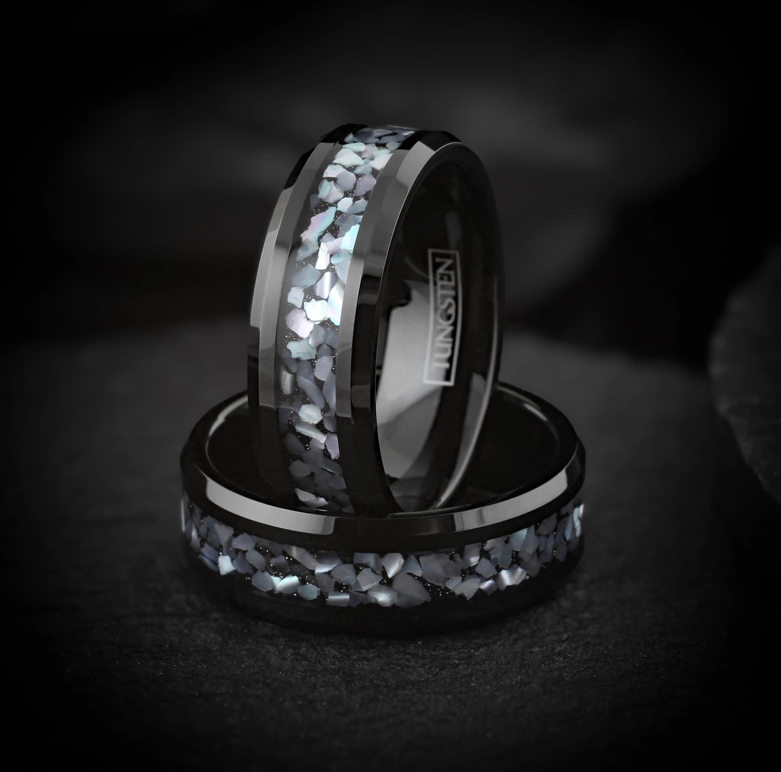 Black Tungsten Carbide Ring Chipped Mother of Pearl Band 8mm