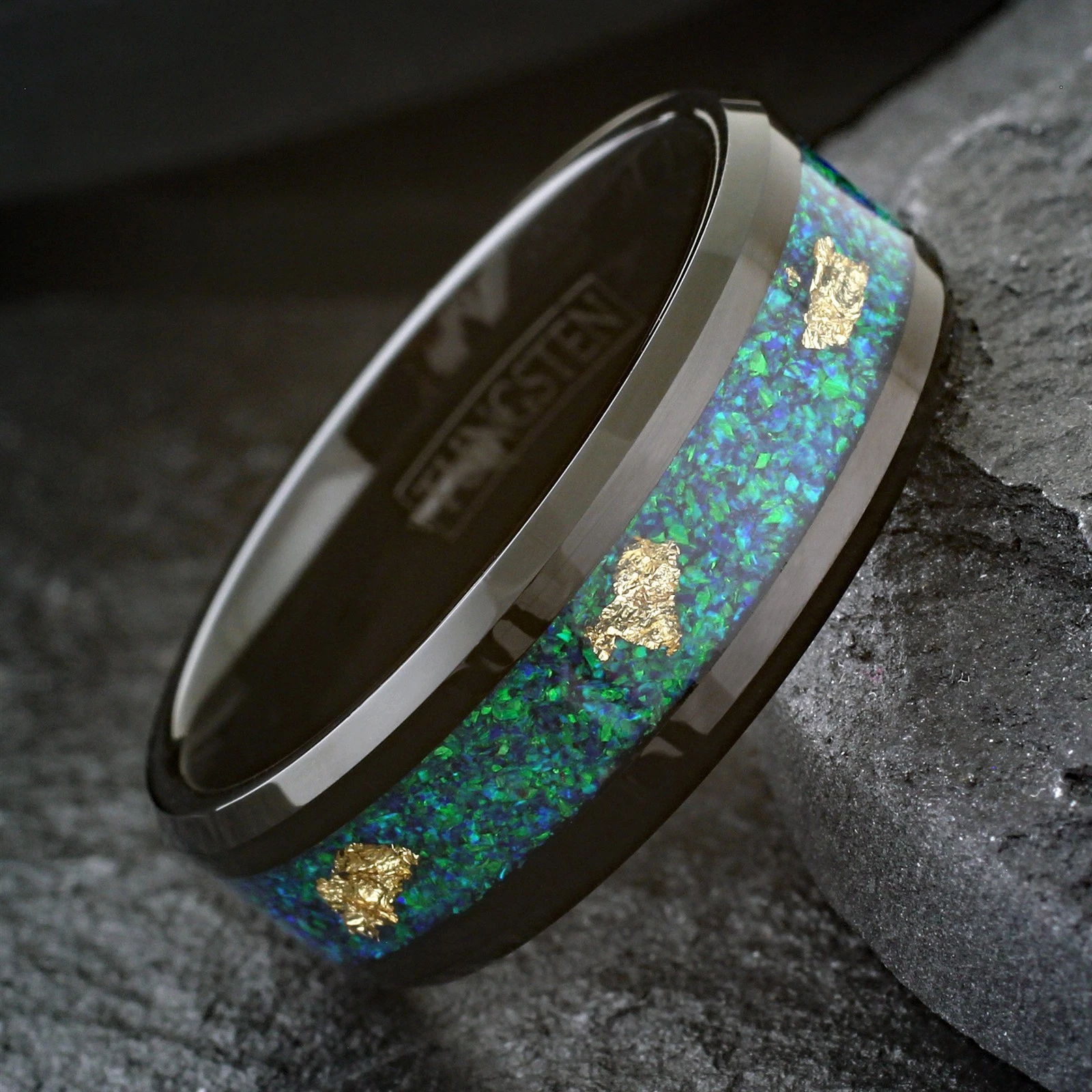 Black Tungsten Carbide Ring Green Opal with 24k Gold Foil Leaf Wedding Band 8mm