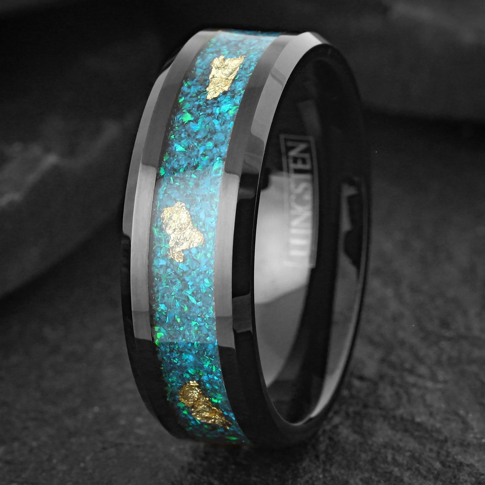 Black Tungsten Carbide Ring Green Opal with 24k Gold Foil Leaf Wedding Band 8mm