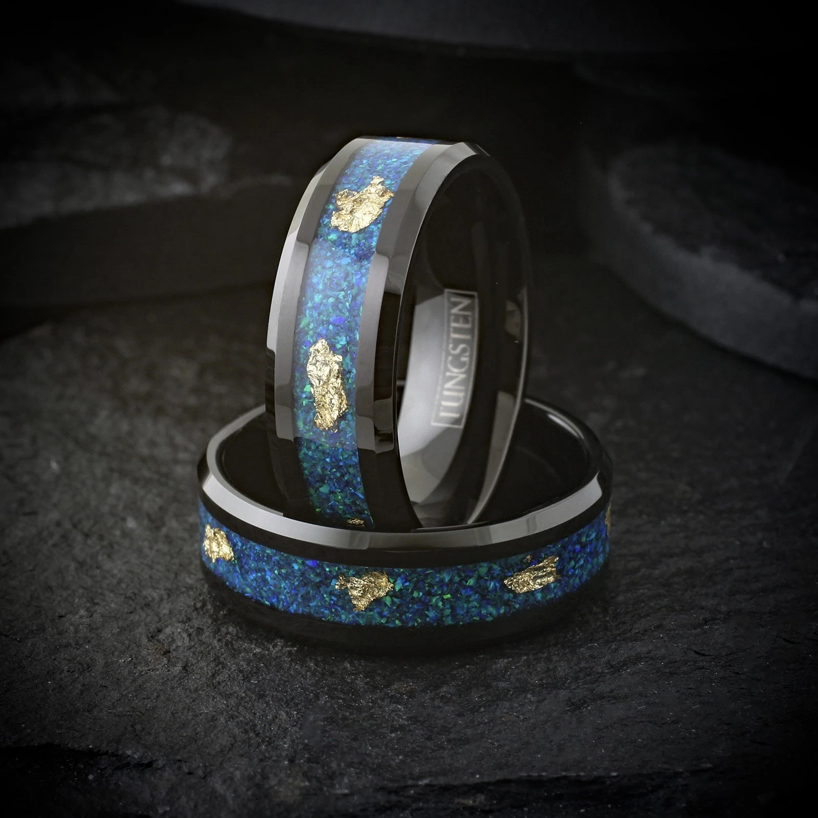 Black Tungsten Carbide Ring Green Opal with 24k Gold Foil Leaf Wedding Band 8mm