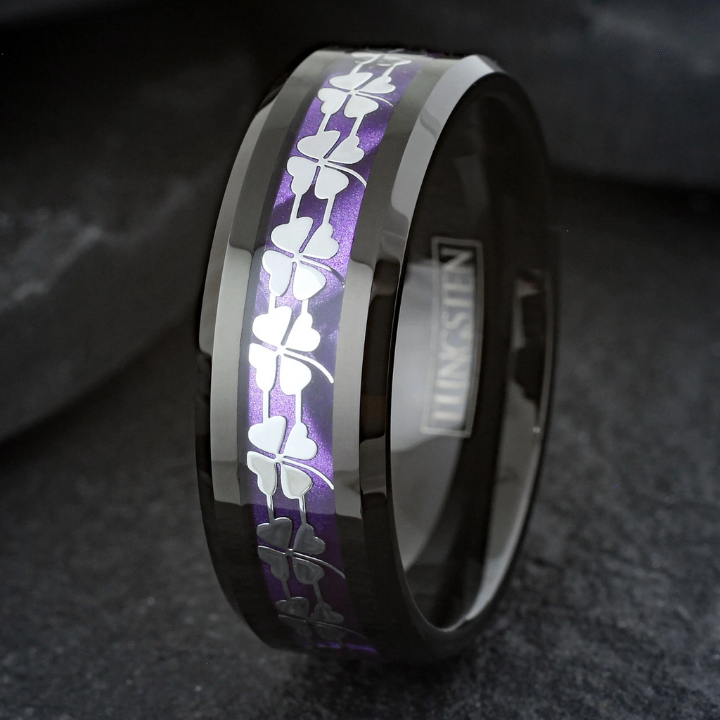 Black Tungsten Carbide Men's Ring 4 Leaf Clover Purple Wedding Band 8mm