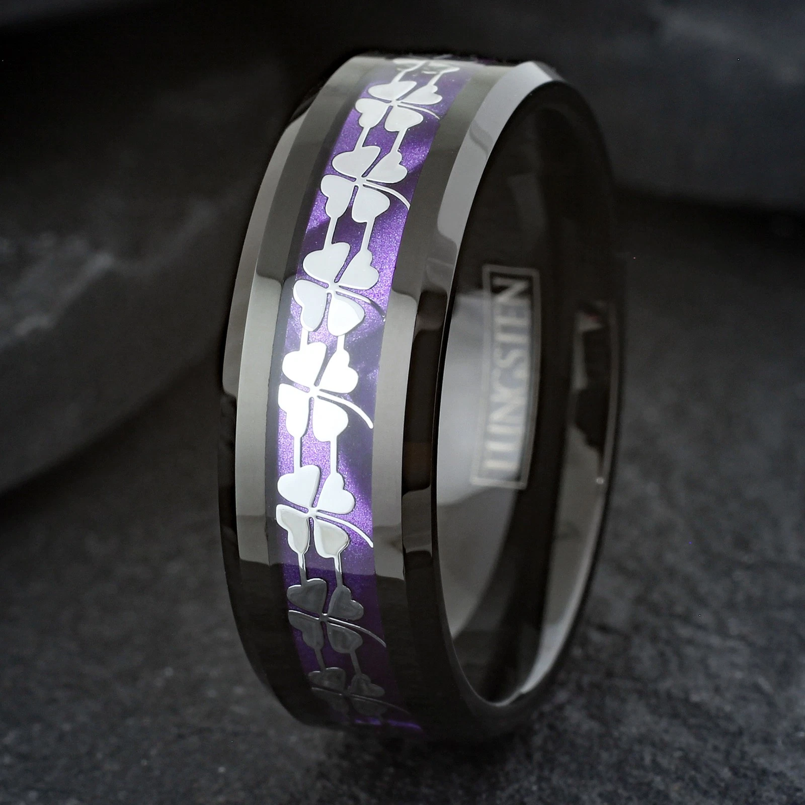 Black Tungsten Carbide Men's Ring 4 Leaf Clover Purple Wedding Band 8mm