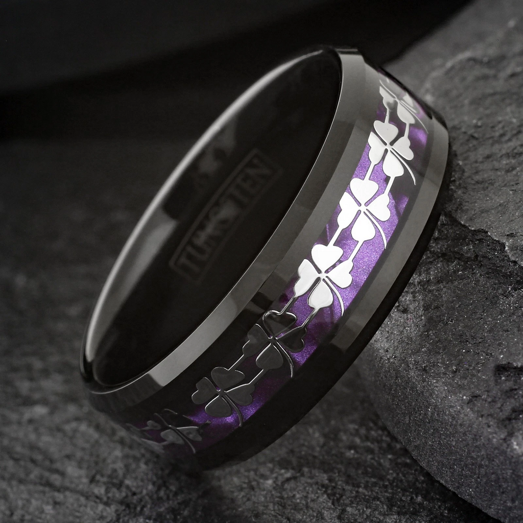 Black Tungsten Carbide Men's Ring 4 Leaf Clover Purple Wedding Band 8mm