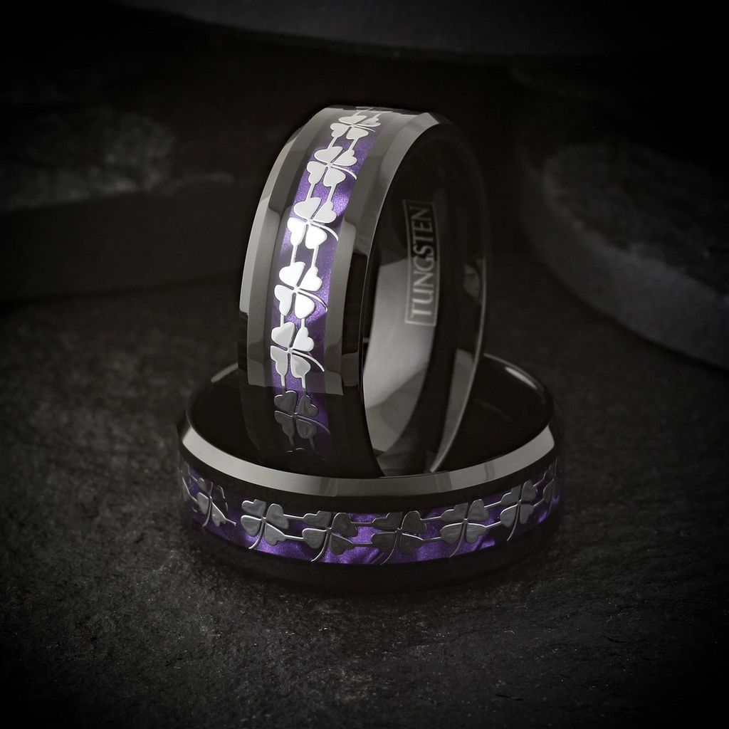 Black Tungsten Carbide Men's Ring 4 Leaf Clover Purple Wedding Band 8mm