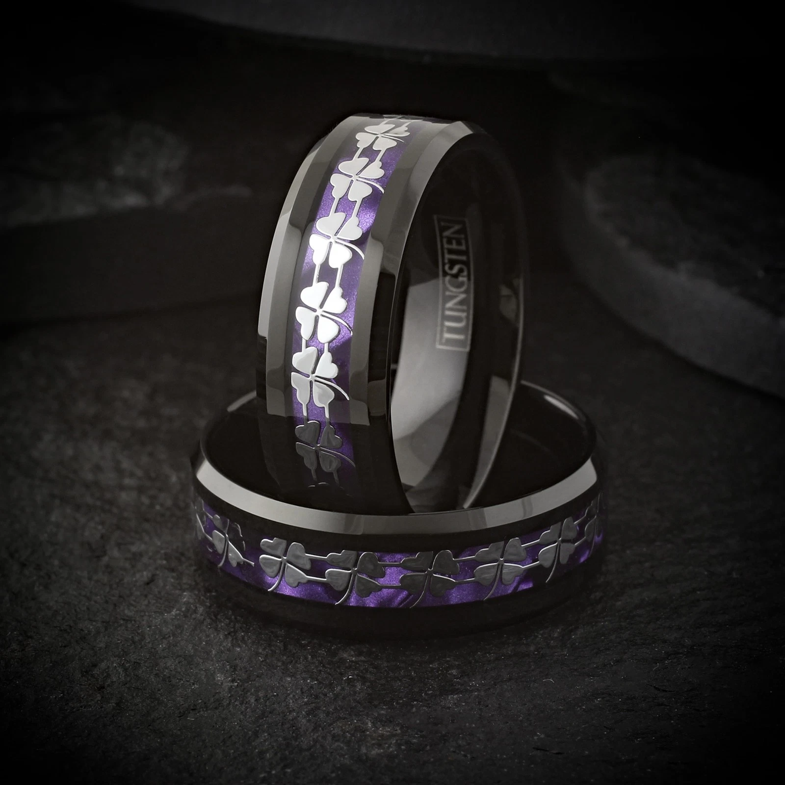 Black Tungsten Carbide Men's Ring 4 Leaf Clover Purple Wedding Band 8mm