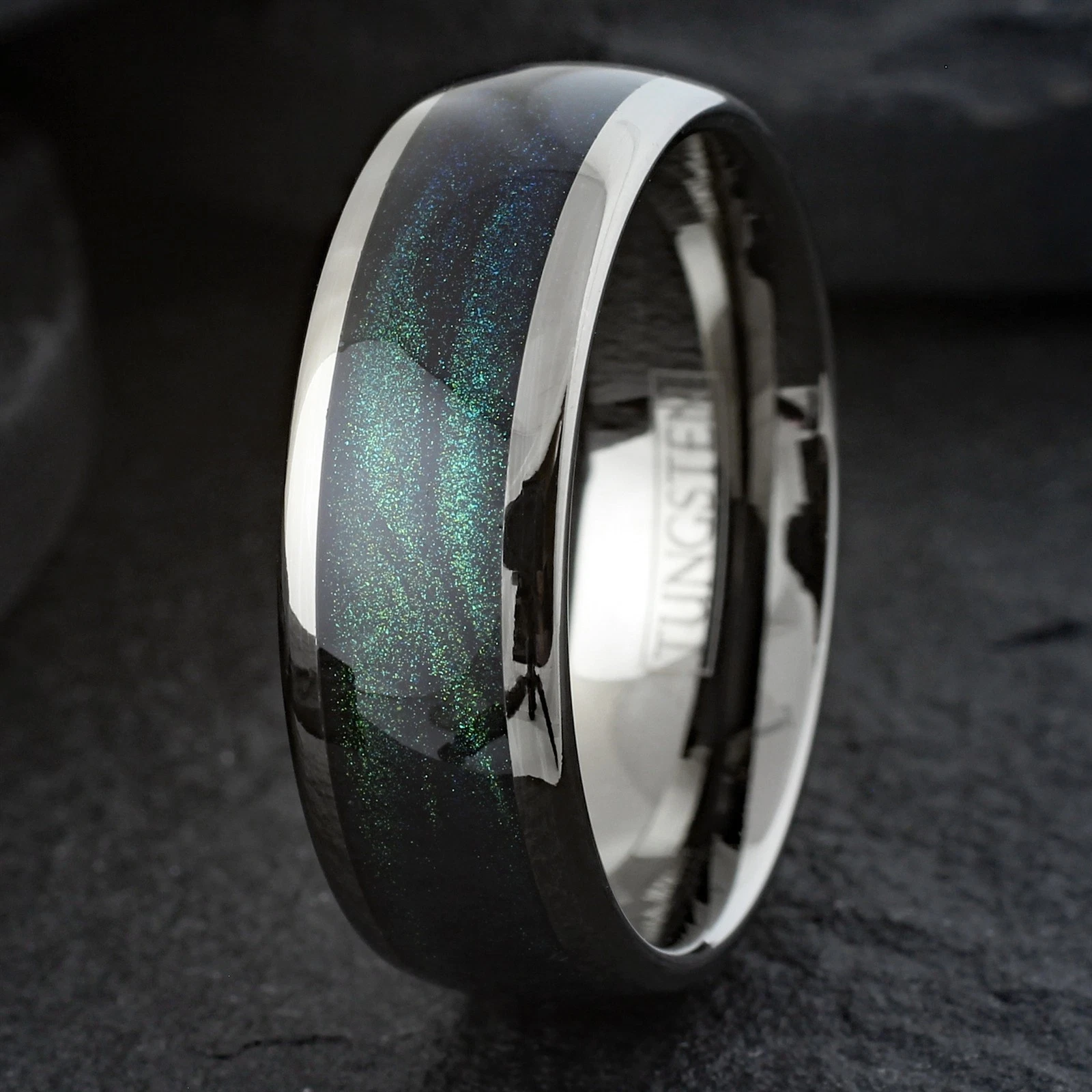 Gunmetal Tungsten Carbide Ring Green Flowing Sand Wedding Band 8mm