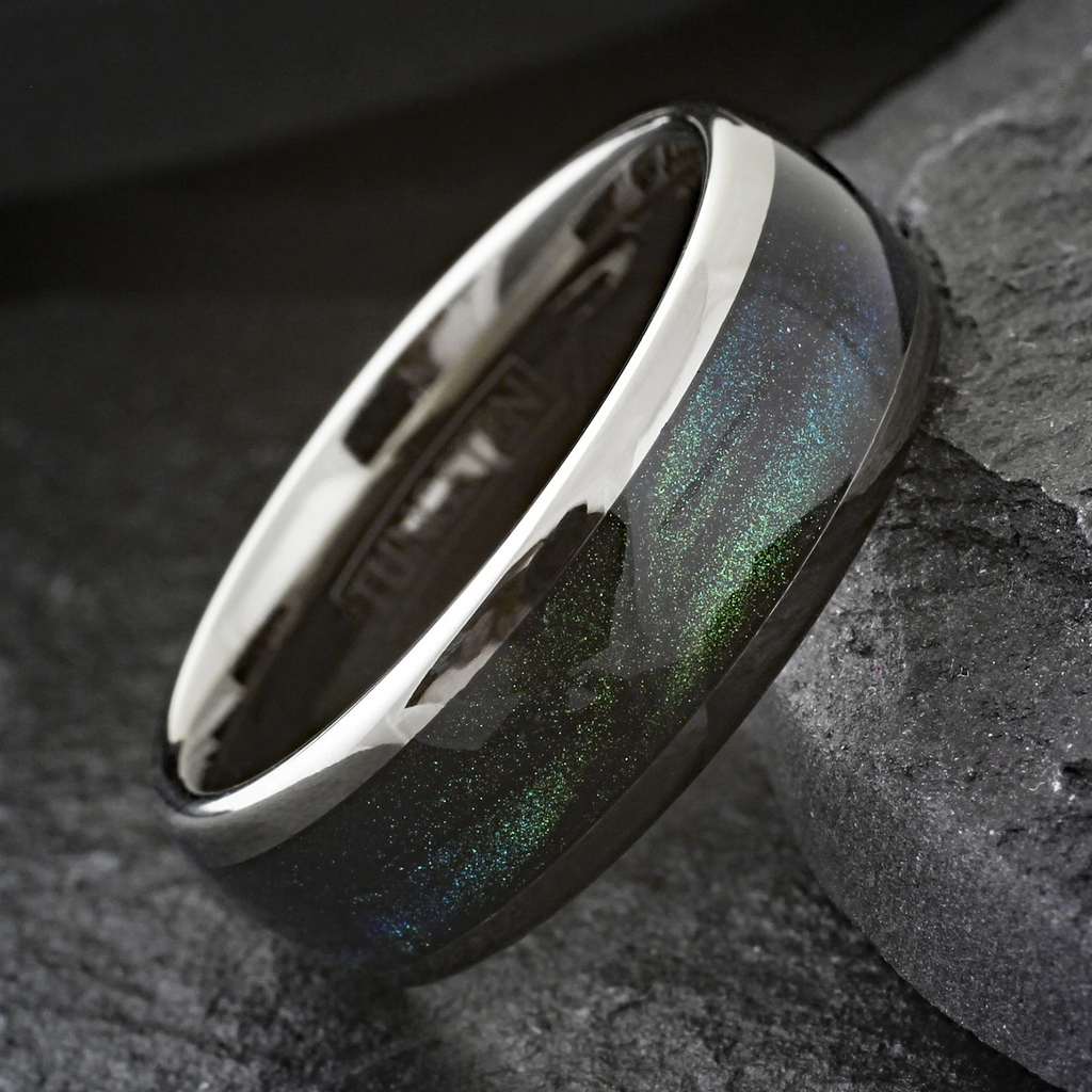 Gunmetal Tungsten Carbide Ring Green Flowing Sand Wedding Band 8mm