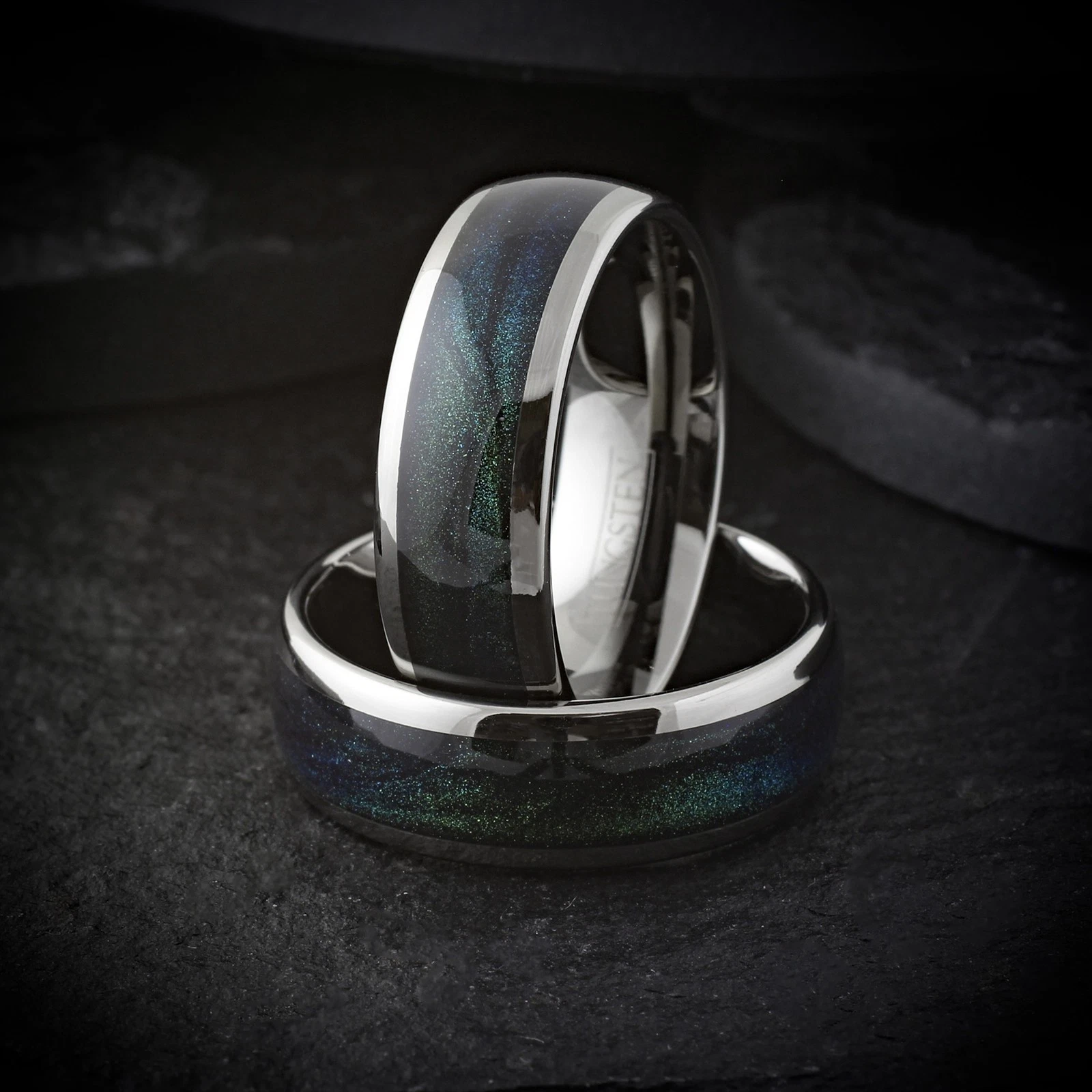 Gunmetal Tungsten Carbide Ring Green Flowing Sand Wedding Band 8mm